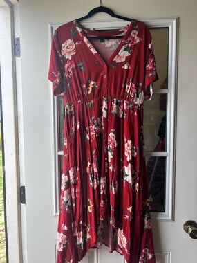 Torrid Red Floral V-Neck Dress with Pink Accents